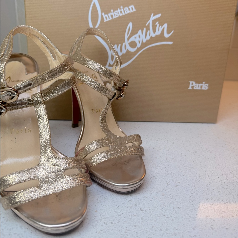 CHRISTIAN LOUBOUTIN  DOUBLE TUTTI 120 GLITTER MINI/SPECCHIO H/P - Gold Sz: 36/6